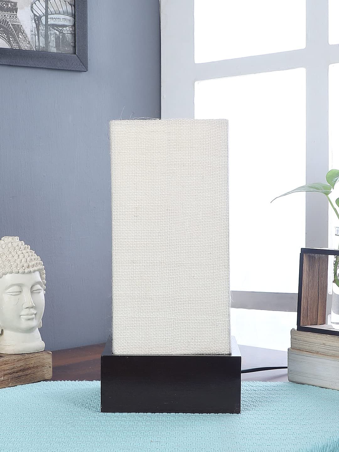 White Jute Table lamp with Wood Brown Base