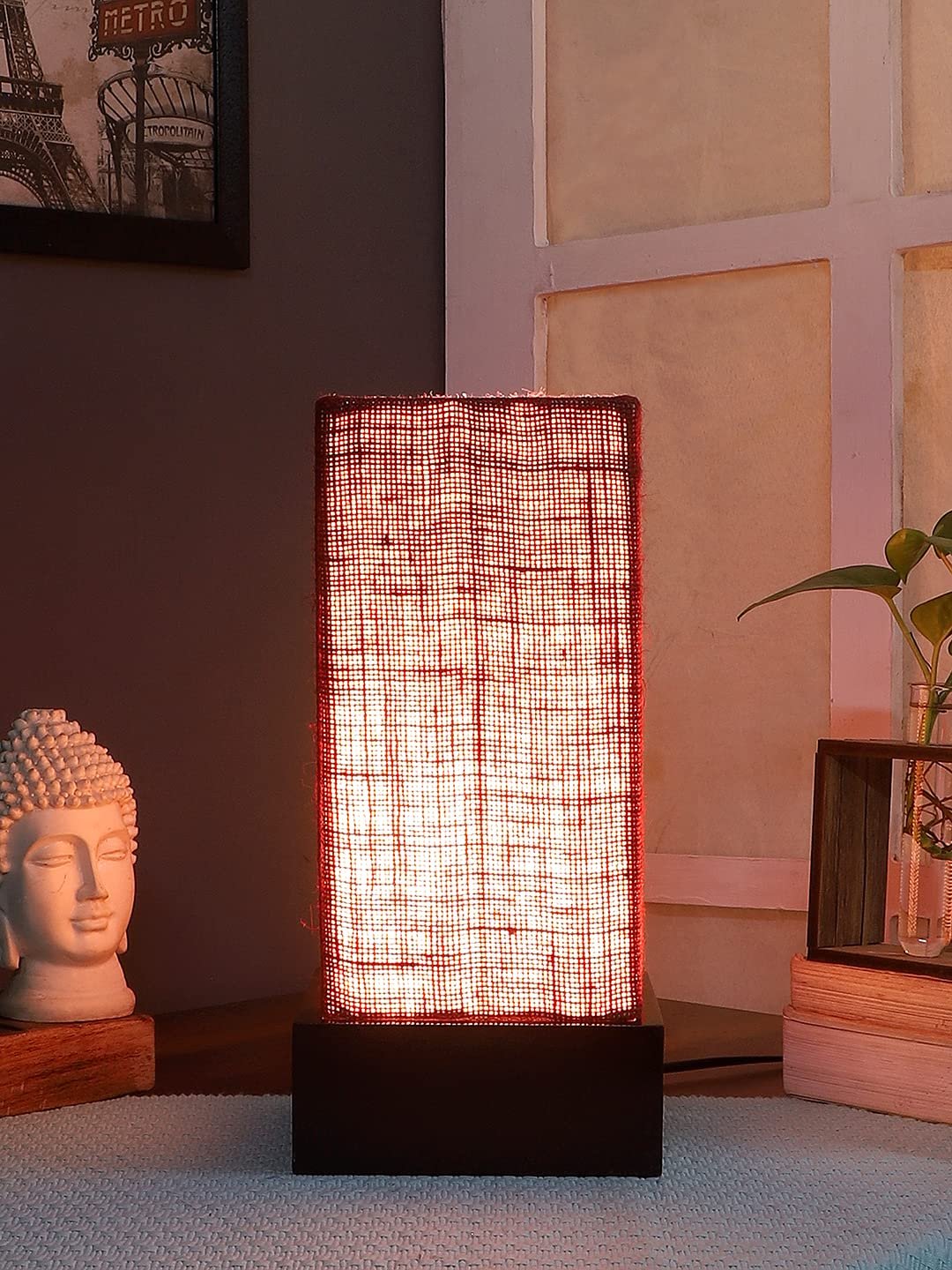 Maroon Jute Table lamp with Wood Brown Base