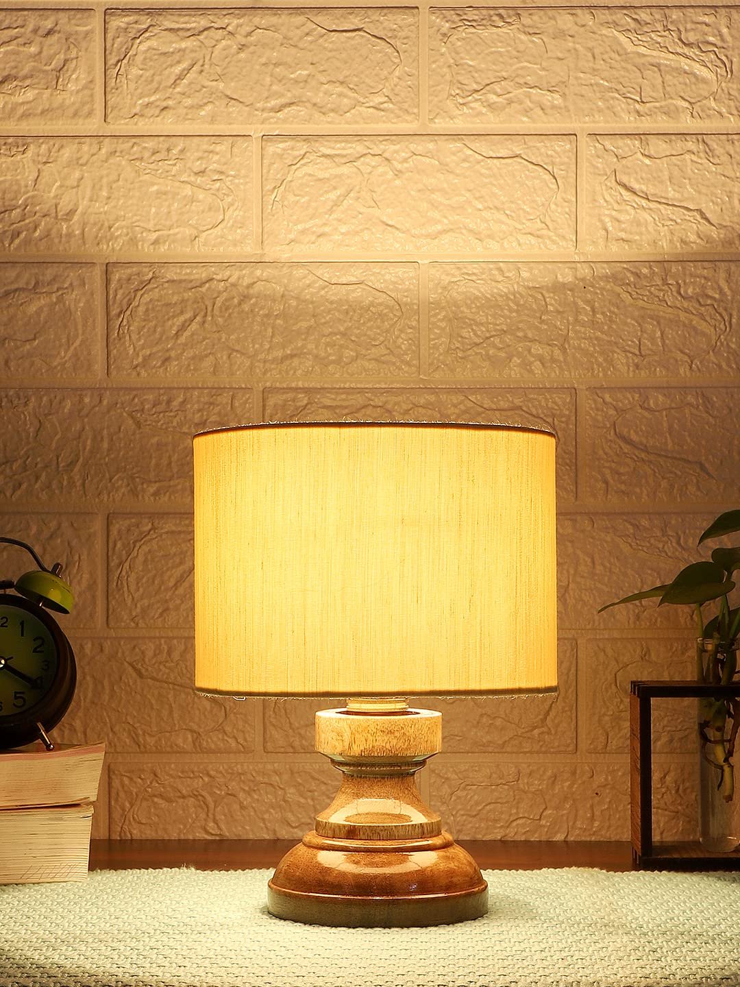 Wood Table lamp with Off-White Cotton Shade
