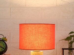 Wood Table lamp with Orange Cotton Shade