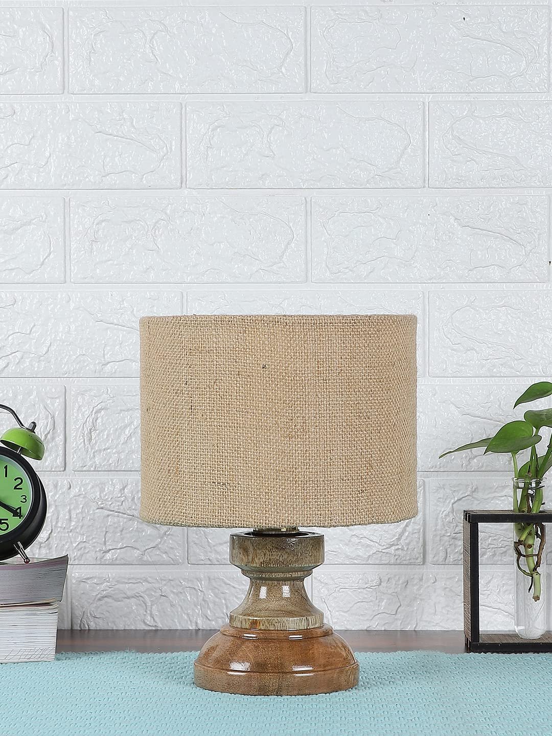Wood Table lamp with Beige Jute Shade