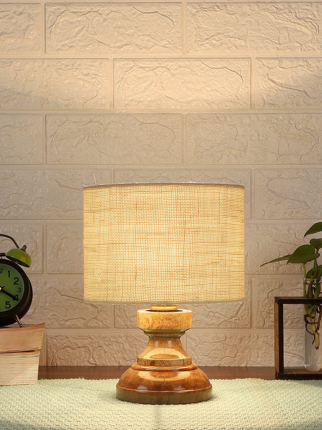 Wood Table lamp with White Jute Shade