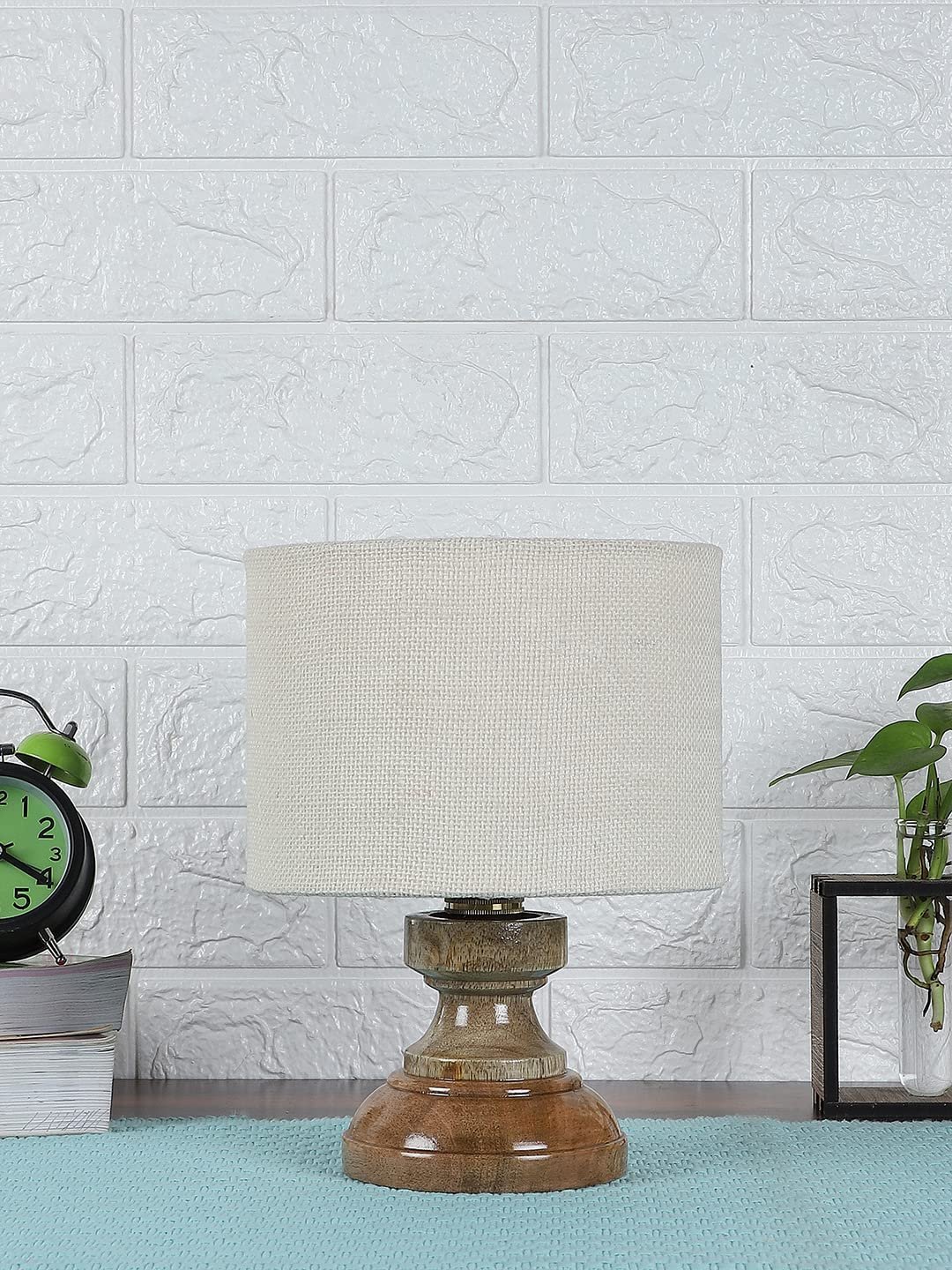 Wood Table lamp with White Jute Shade