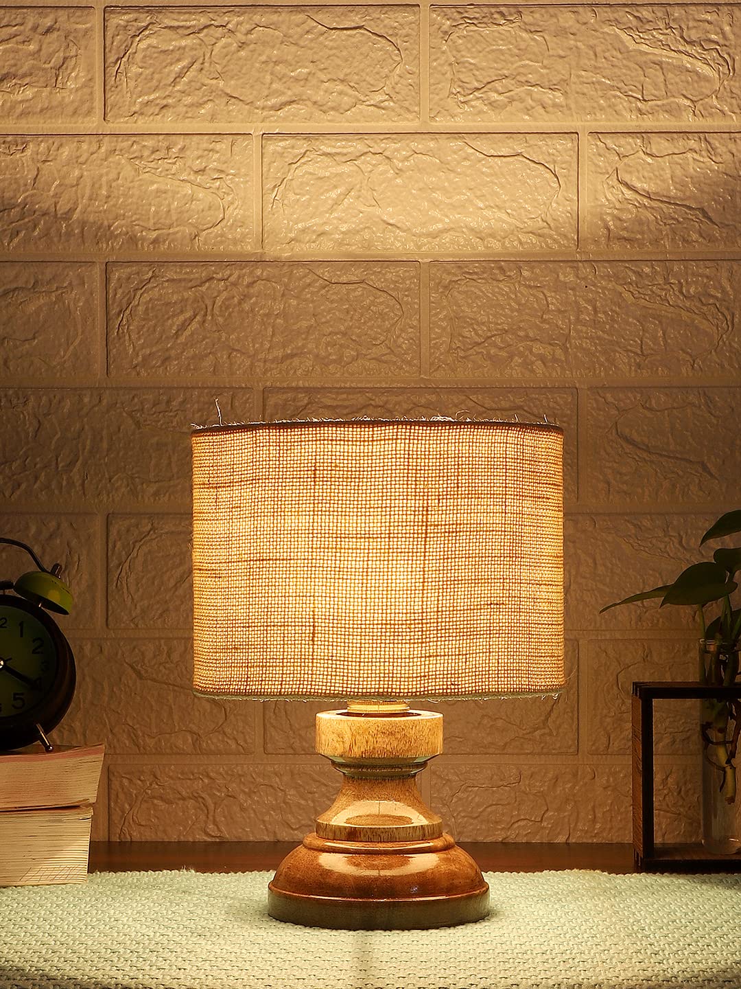 Wood Table lamp with White Jute Shade