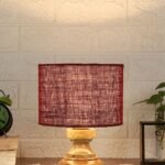 Wood Table lamp with Maroon Jute Shade