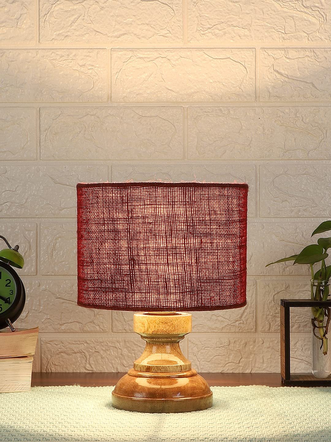 Wood Table lamp with Maroon Jute Shade