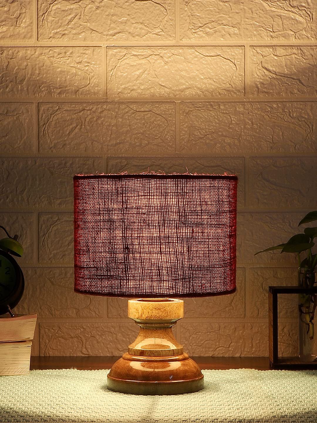 Wood Table lamp with Maroon Jute Shade