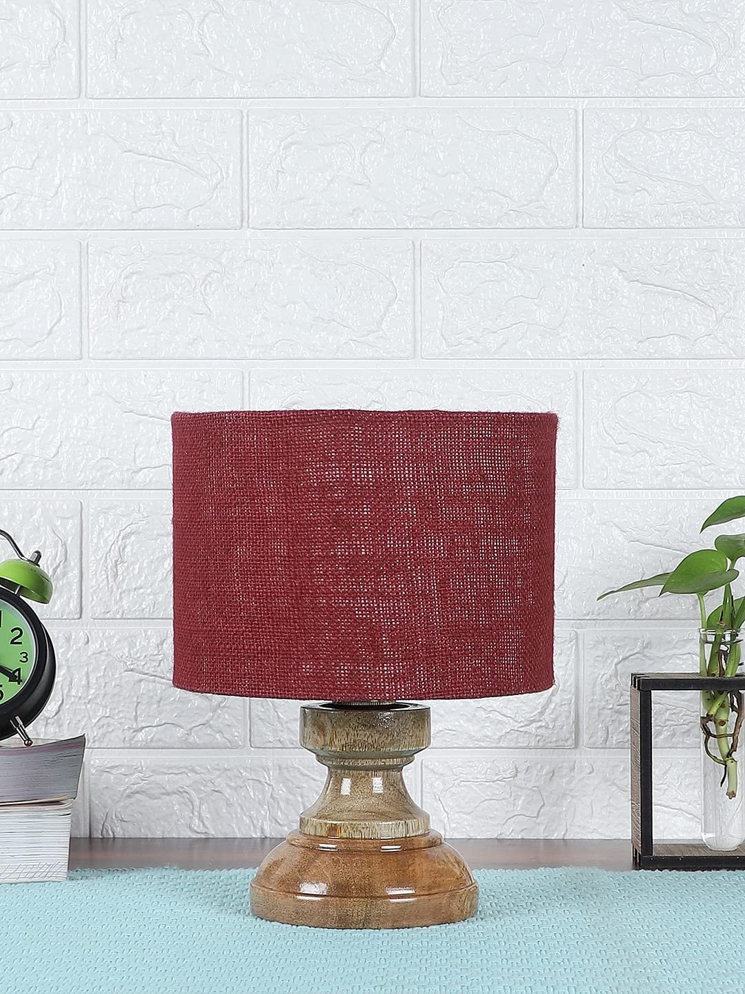 Wood Table lamp with Maroon Jute Shade