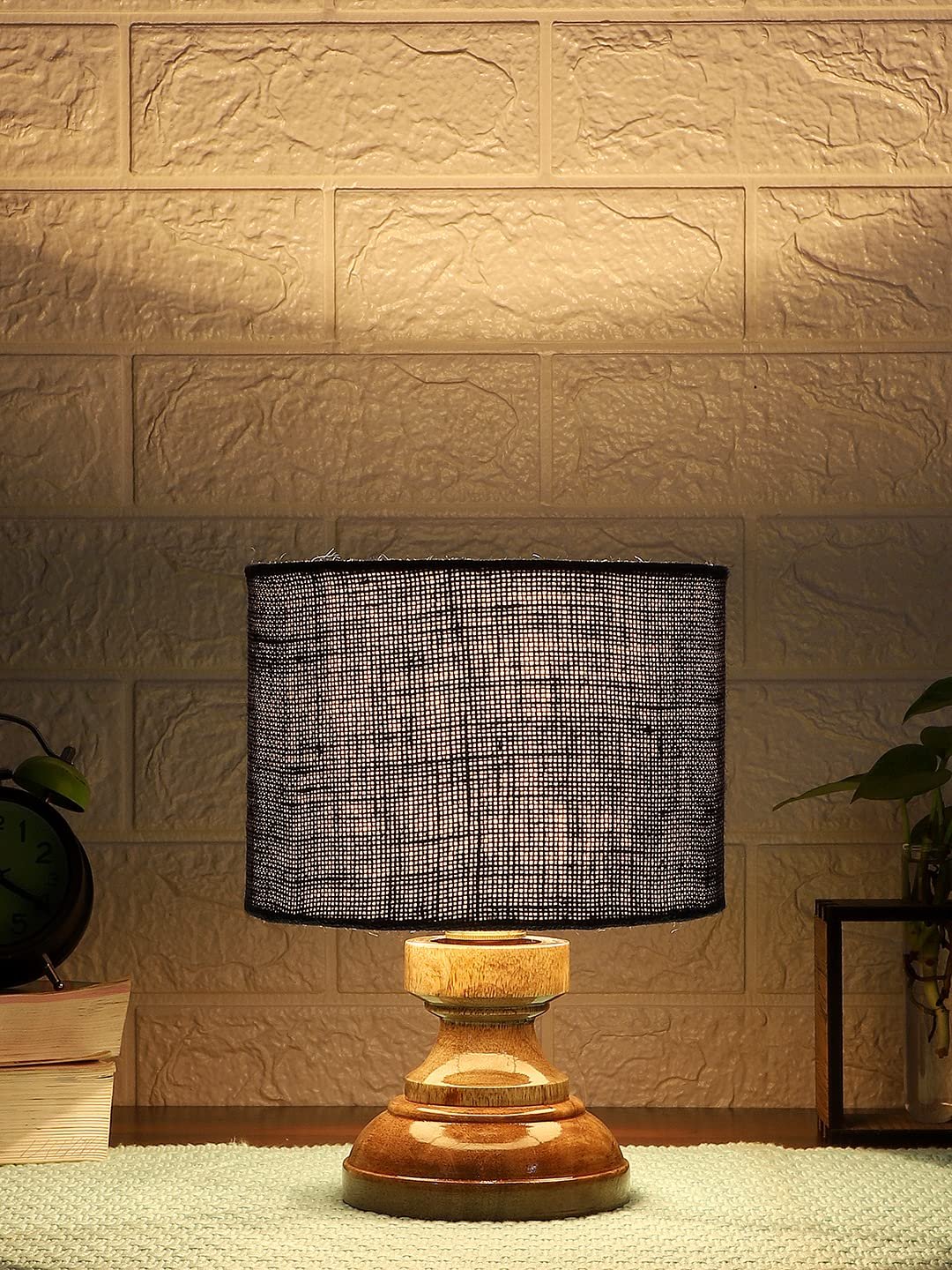 Wood Table lamp with Blue Jute Shade