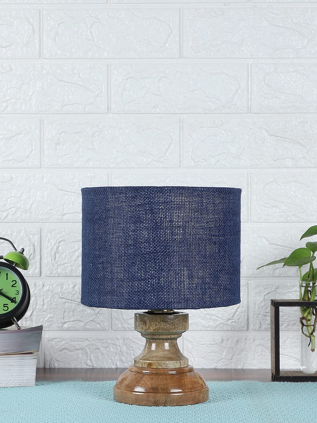 Wood Table lamp with Blue Jute Shade