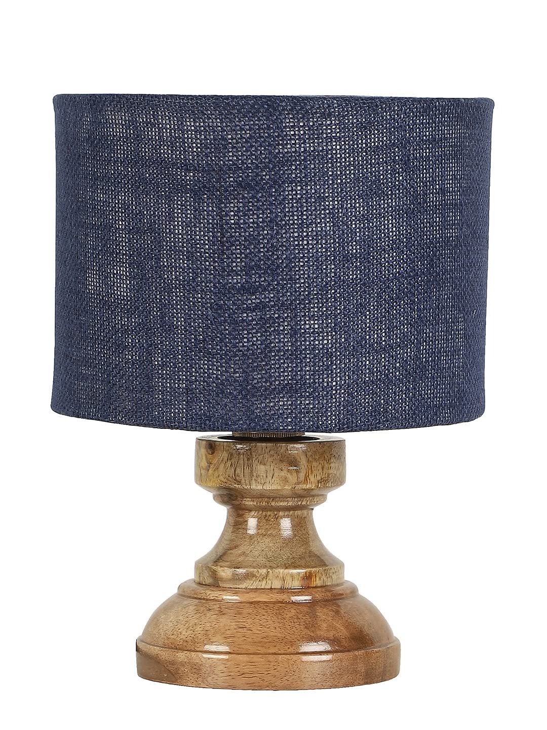 Wood Table lamp with Blue Jute Shade