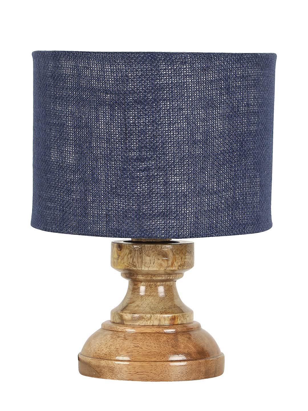Wood Table lamp with Blue Jute Shade