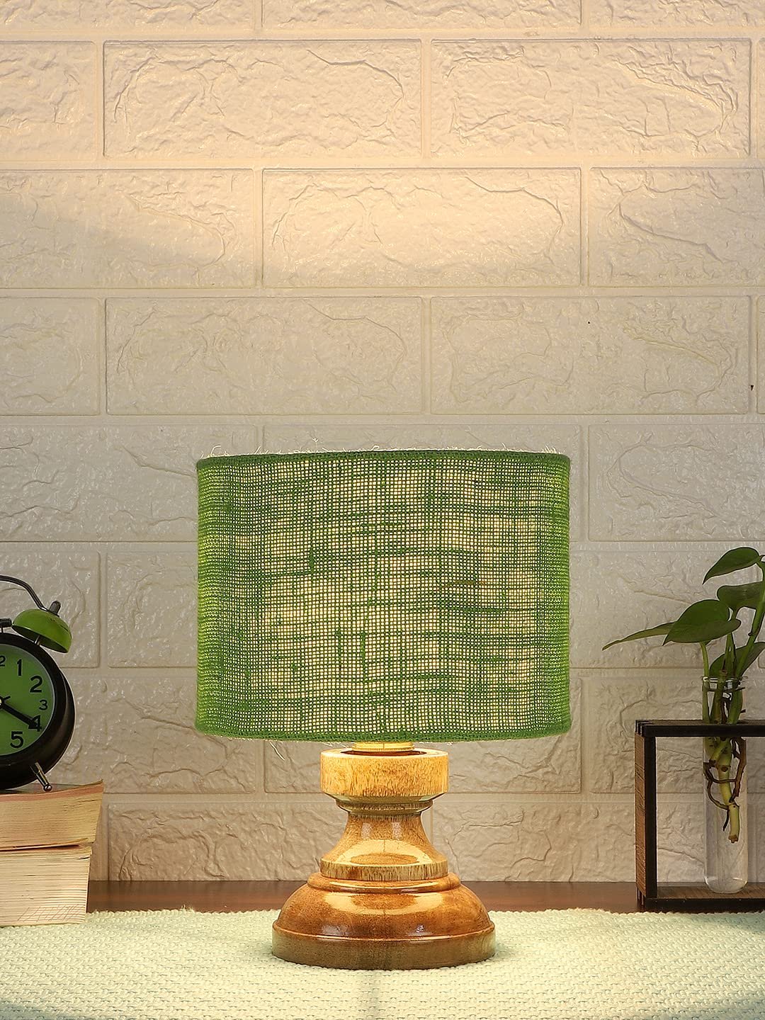 Wood Table lamp with Green Jute Shade