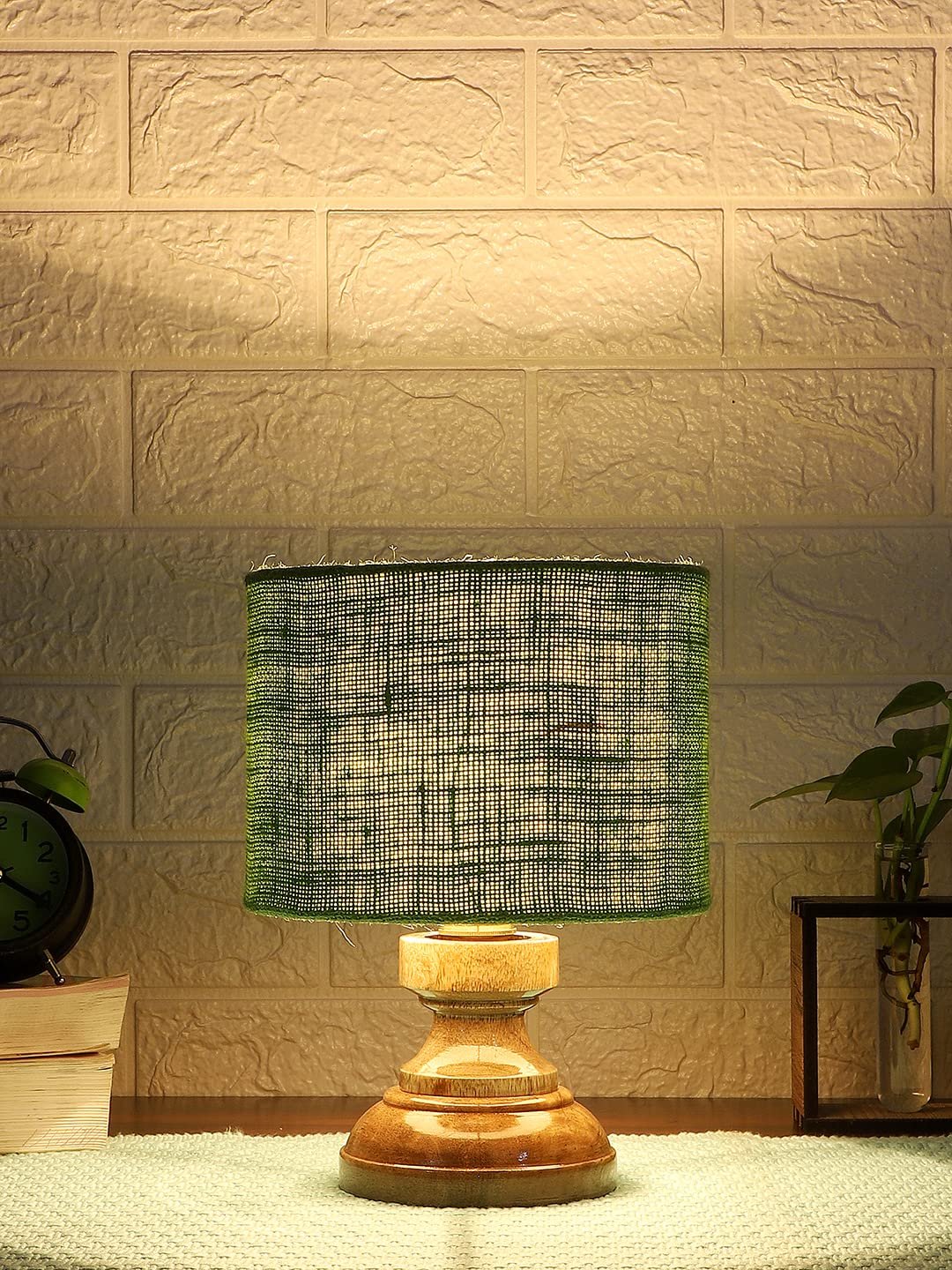 Wood Table lamp with Green Jute Shade
