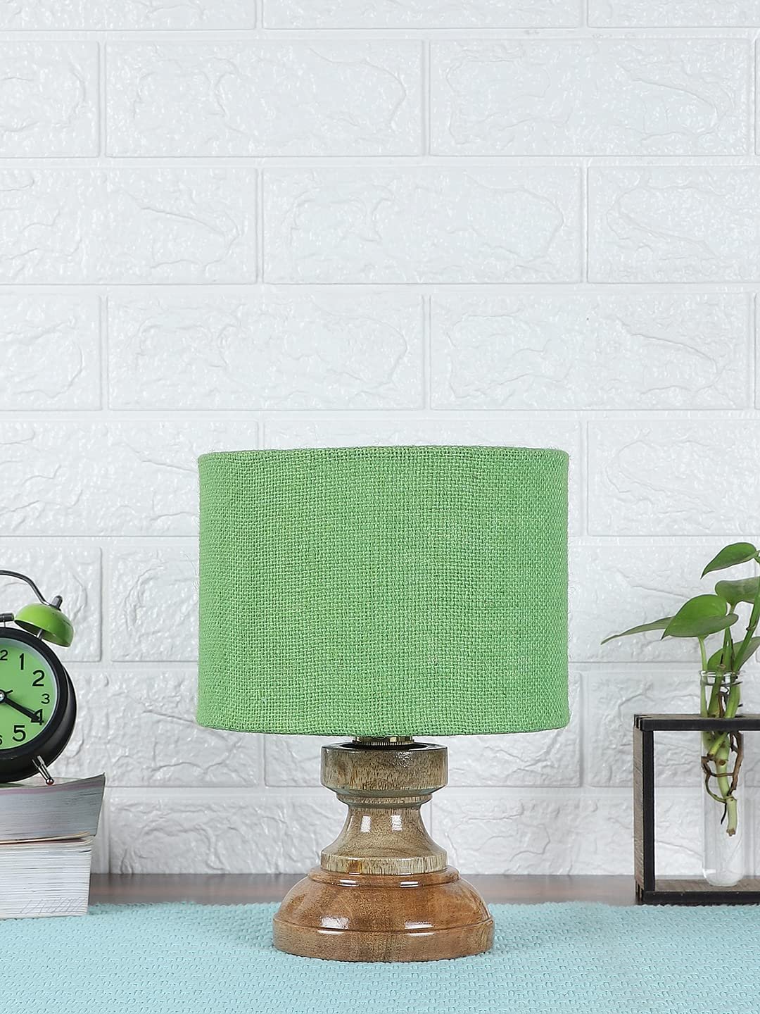 Wood Table lamp with Green Jute Shade