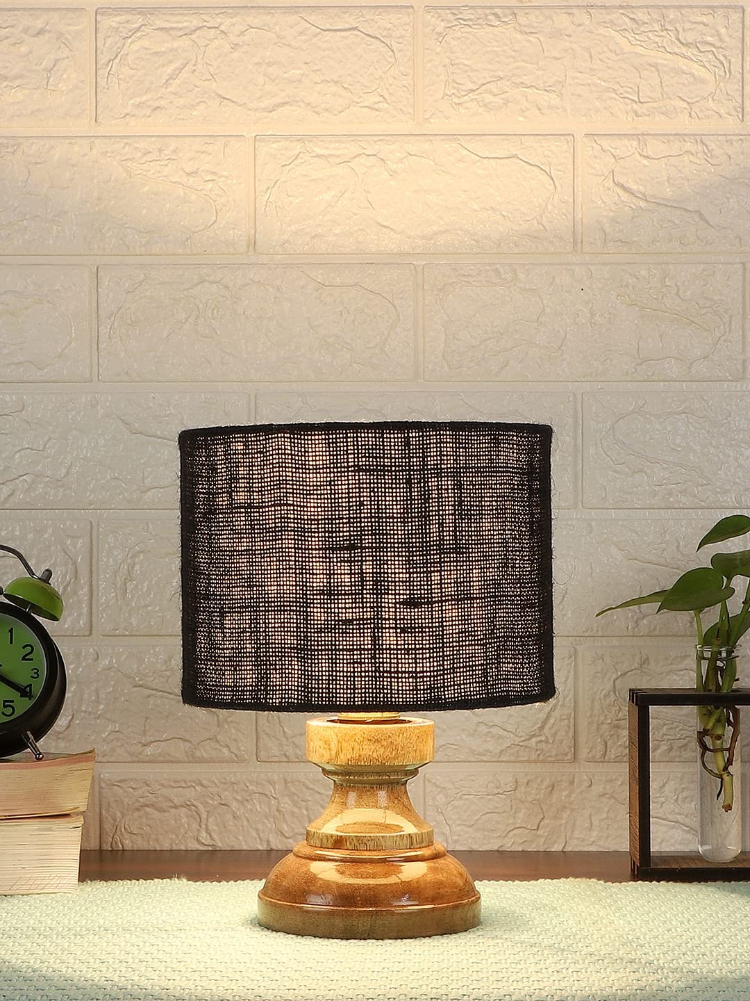 Wood Table lamp with Black Jute Shade