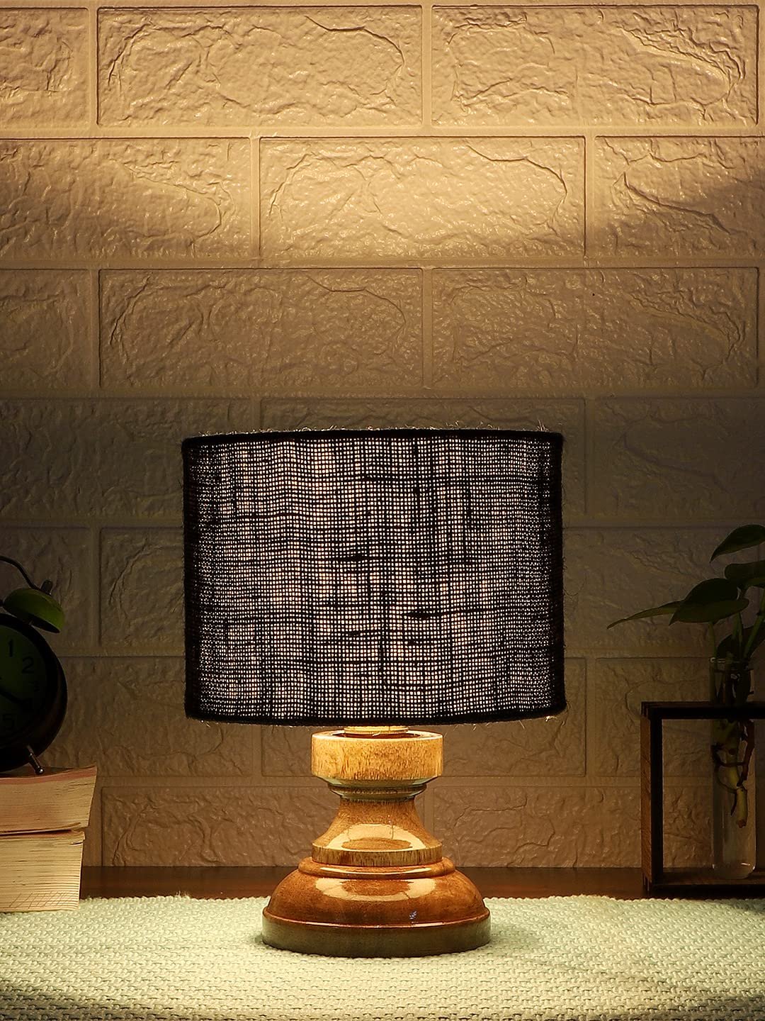 Wood Table lamp with Black Jute Shade