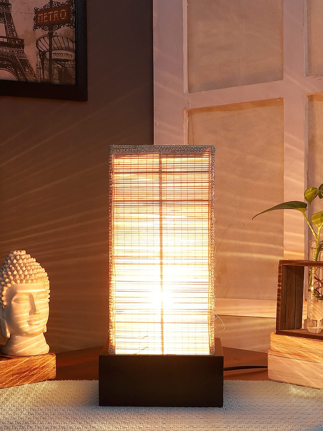 Bamboo Table lamp with Square Brown Wood Base