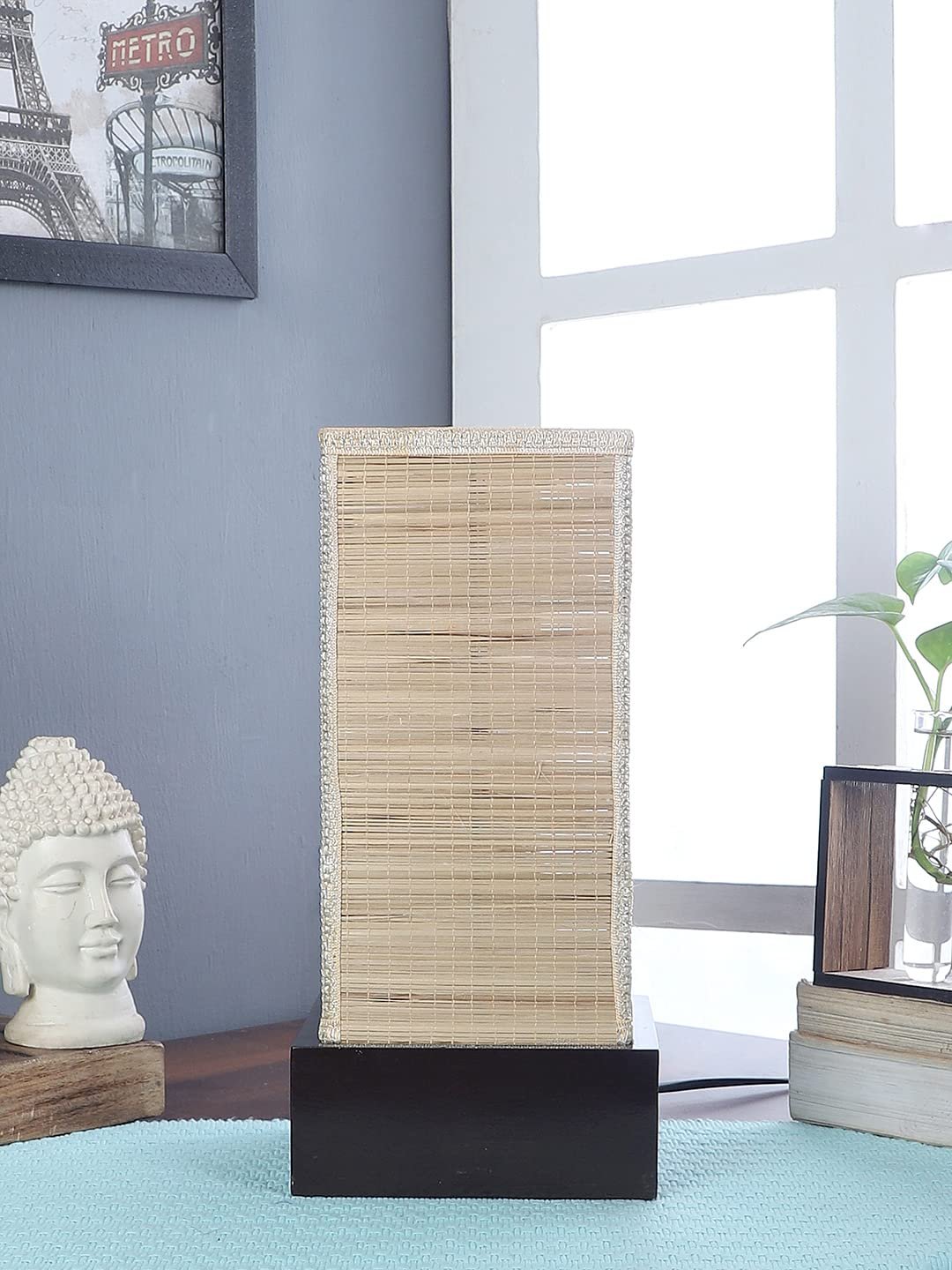 Bamboo Table lamp with Square Brown Wood Base