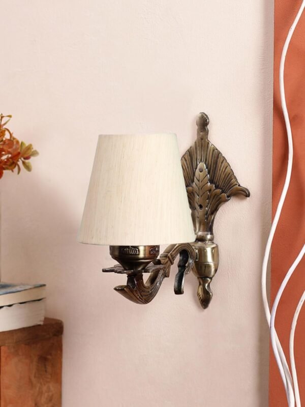 Antique Gold Wall Lamp for Office/Home/Gifting with Cotton conical Off-White Shade(7×5.5×9.25) Inches -1