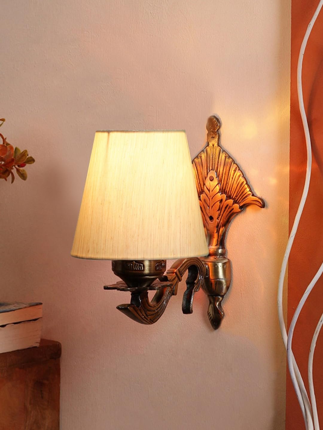 Antique Gold Wall Lamp for Office/Home/Gifting with Cotton conical Off-White Shade(7x5.5x9.25) Inches -1