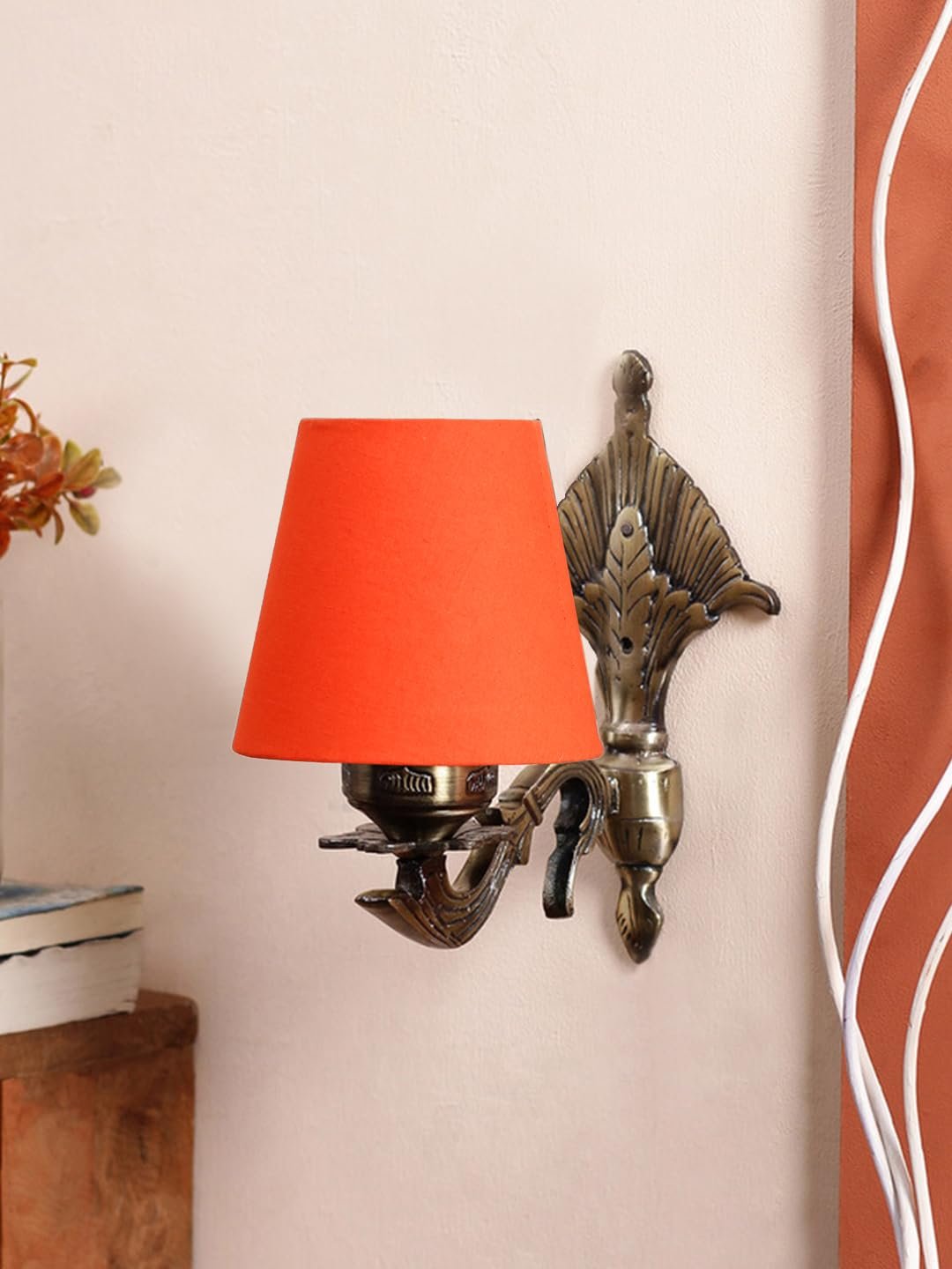 Antique Gold Wall Lamp for Office/Home/Gifting with Cotton conical Orange Shade(7x5.5x9.25) Inches-4