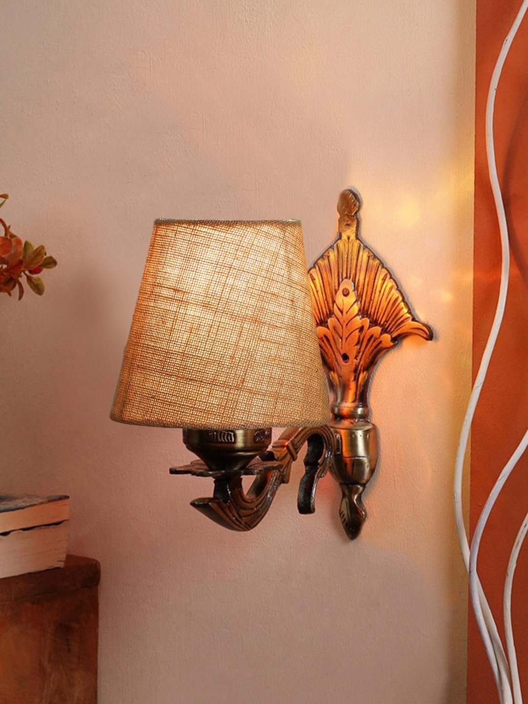 Antique Gold Wall Lamp for Office/Home/Gifting with Jute conical Beige Shade(7x5.5x9.25) Inches -8