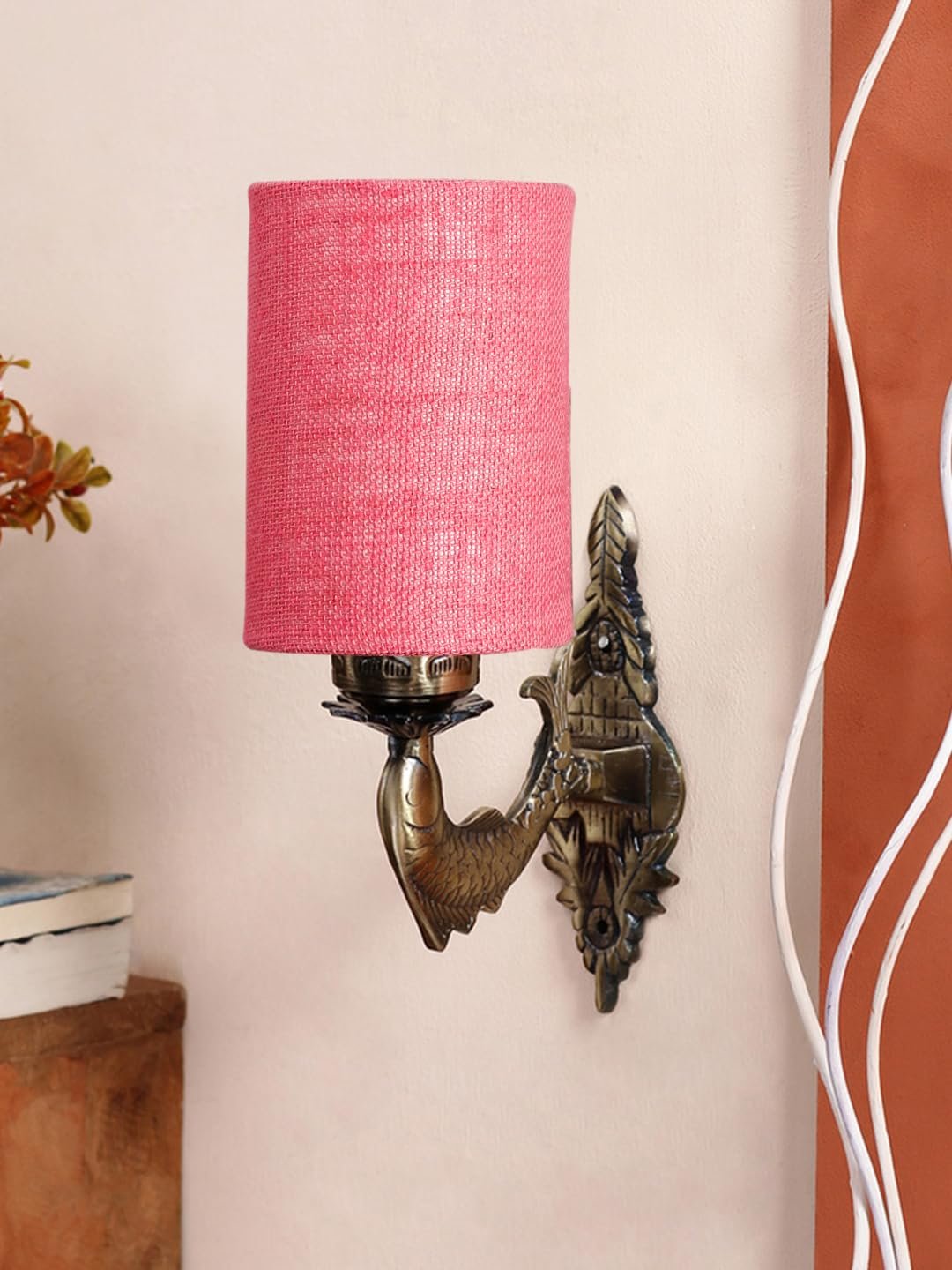 Antique Gold Wall Lamp for Office/Home/Gifting with Jute Pink Shade(8x4.25x11) Inches -100