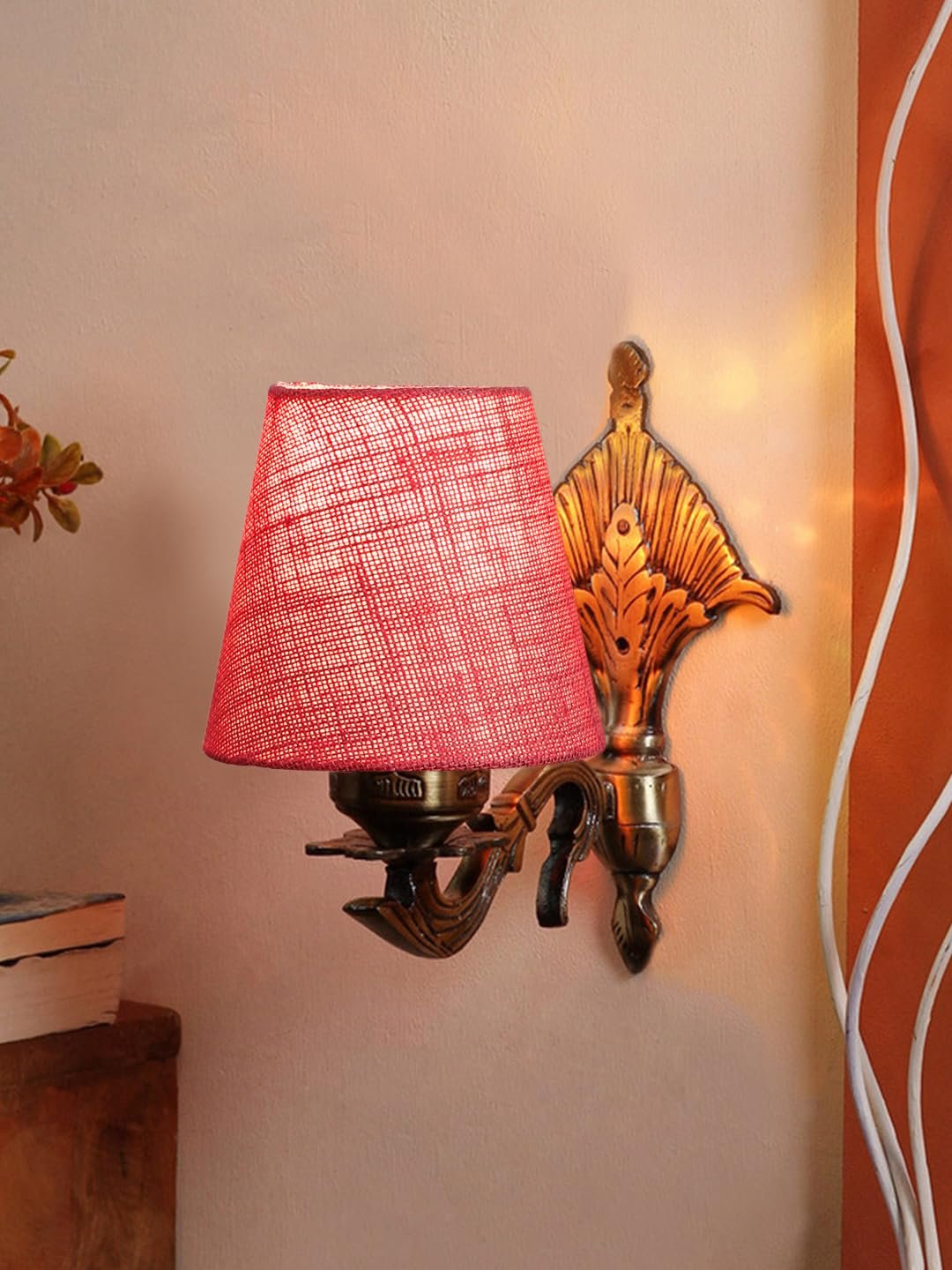 Antique Gold Wall Lamp for Office/Home/Gifting with Jute conical Pink Shade(7x5.5x9.25) Inches -10