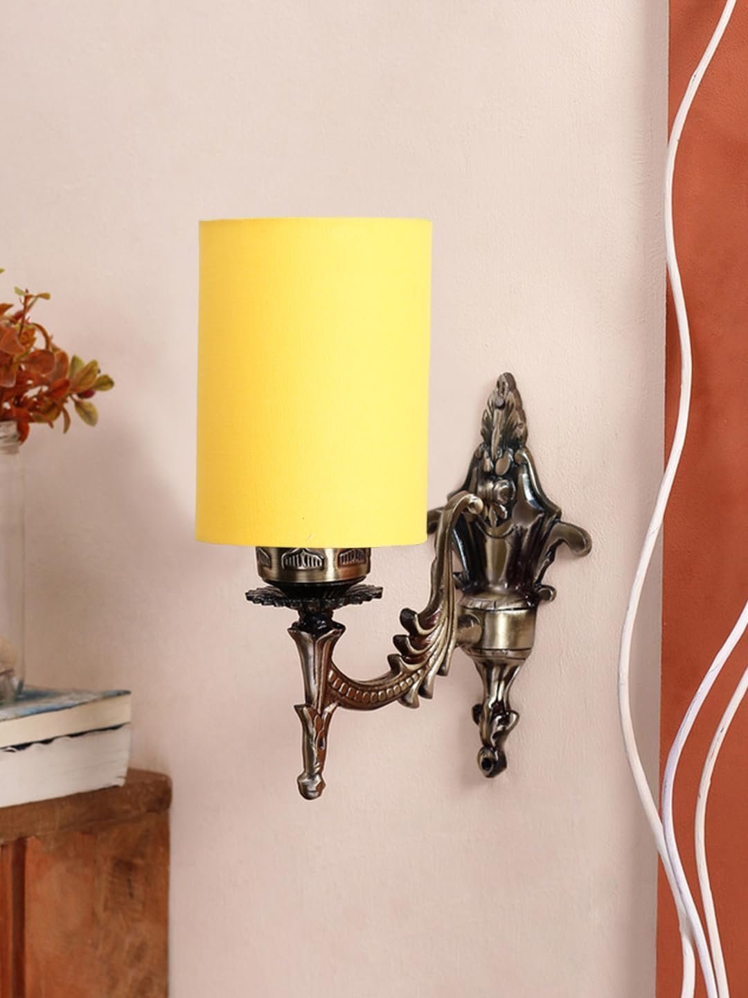 Antique Gold Wall Lamp for Office/Home/Gifting with Cotton Yellow Shade(8x4.25x11) Inches -110