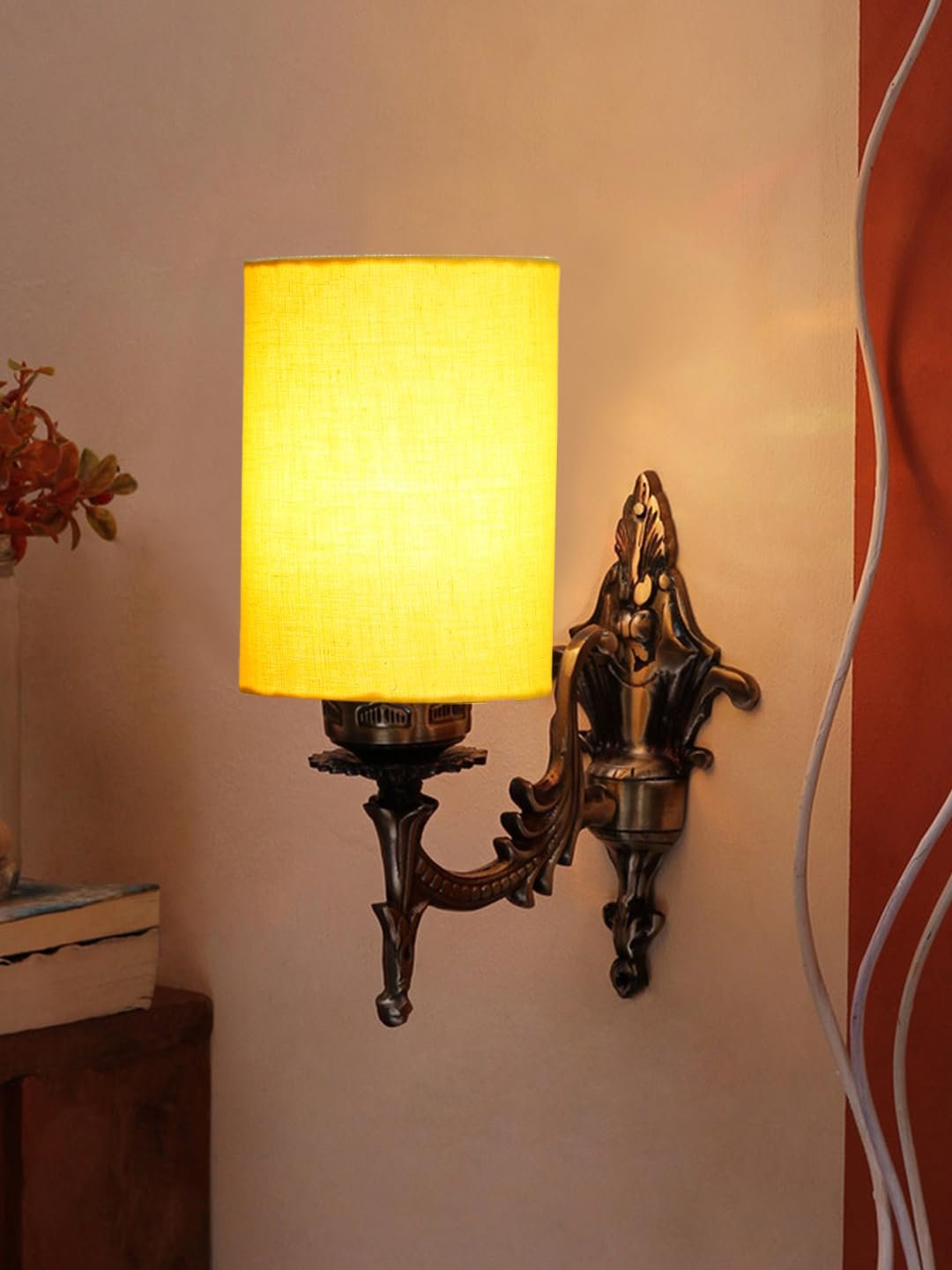 Antique Gold Wall Lamp for Office/Home/Gifting with Cotton Yellow Shade(8x4.25x11) Inches -110