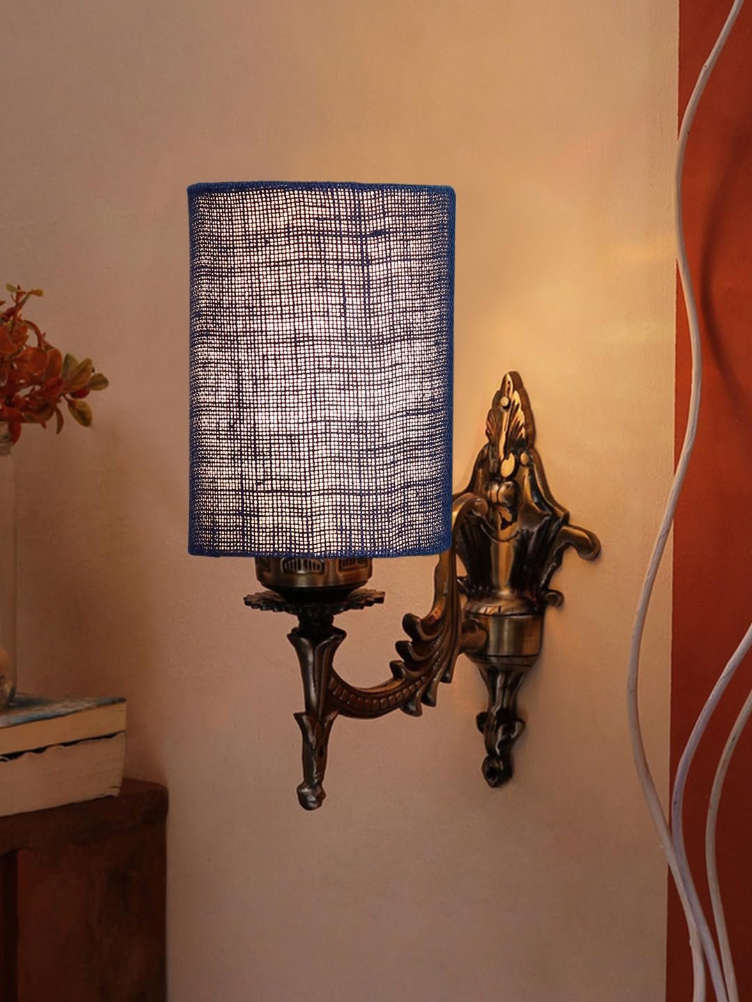 Antique Gold Wall Lamp for Office/Home/Gifting with Jute Blue Shade(8x4.25x11) Inches