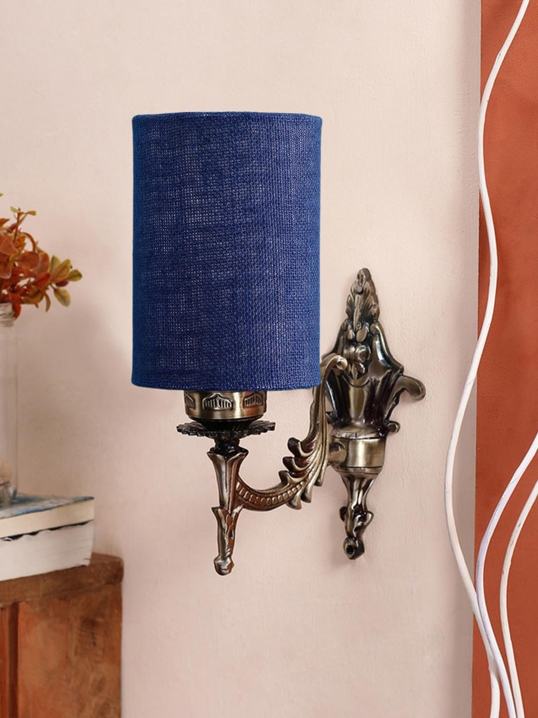 Antique Gold Wall Lamp for Office/Home/Gifting with Jute Blue Shade(8x4.25x11) Inches