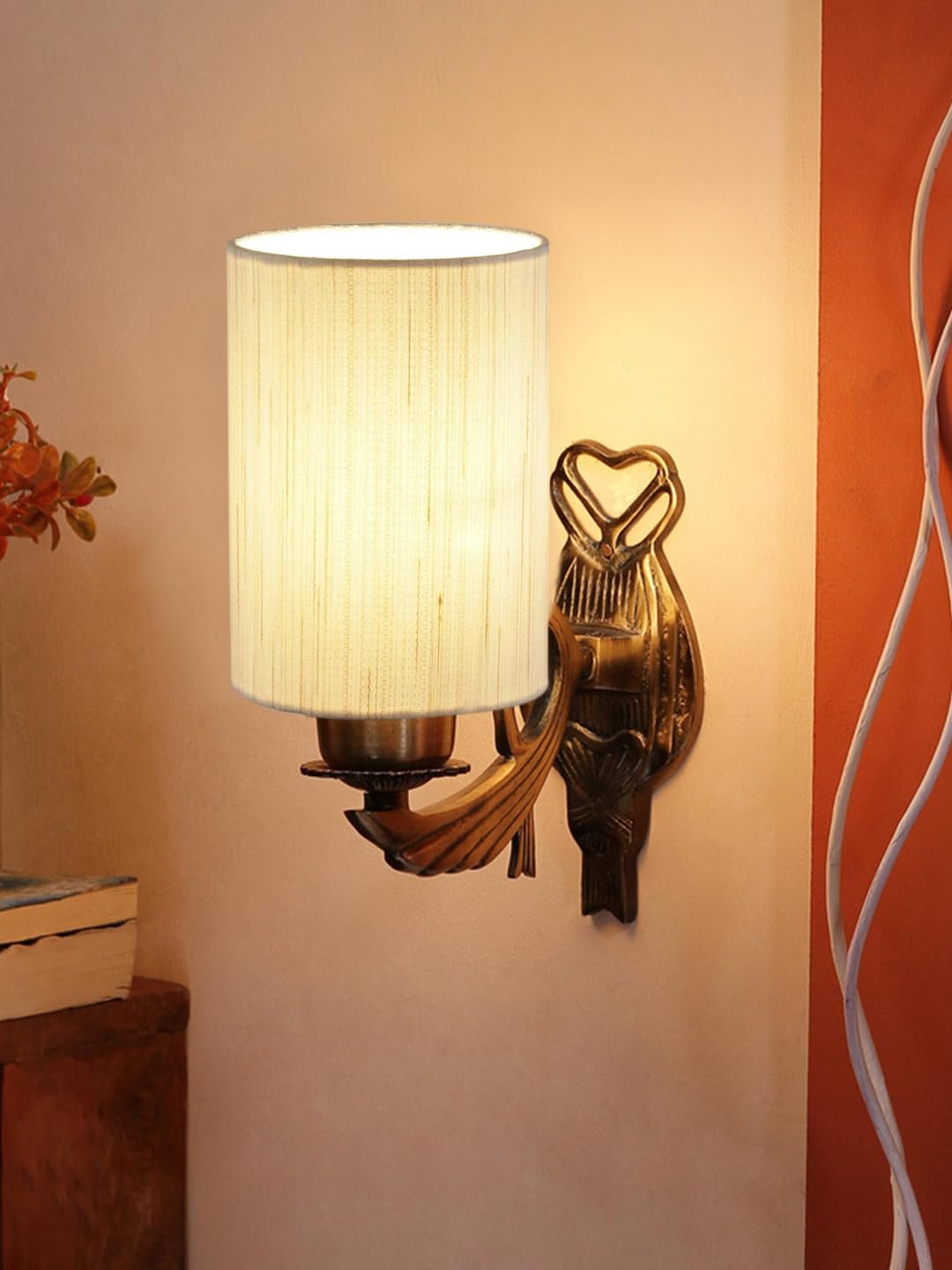 Antique Gold Wall Lamp for Office/Home/Gifting with Cotton Off-White Shade(8x4.25x11) Inches -121