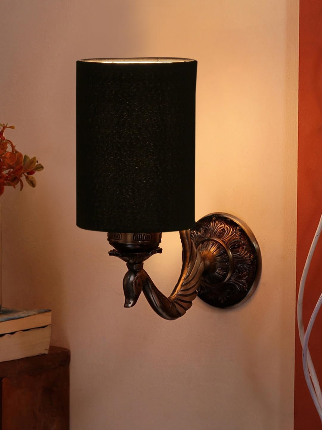 Antique Gold Wall Lamp for Office/Home/Gifting with Cotton Black Shade(8x4.25x11) Inches