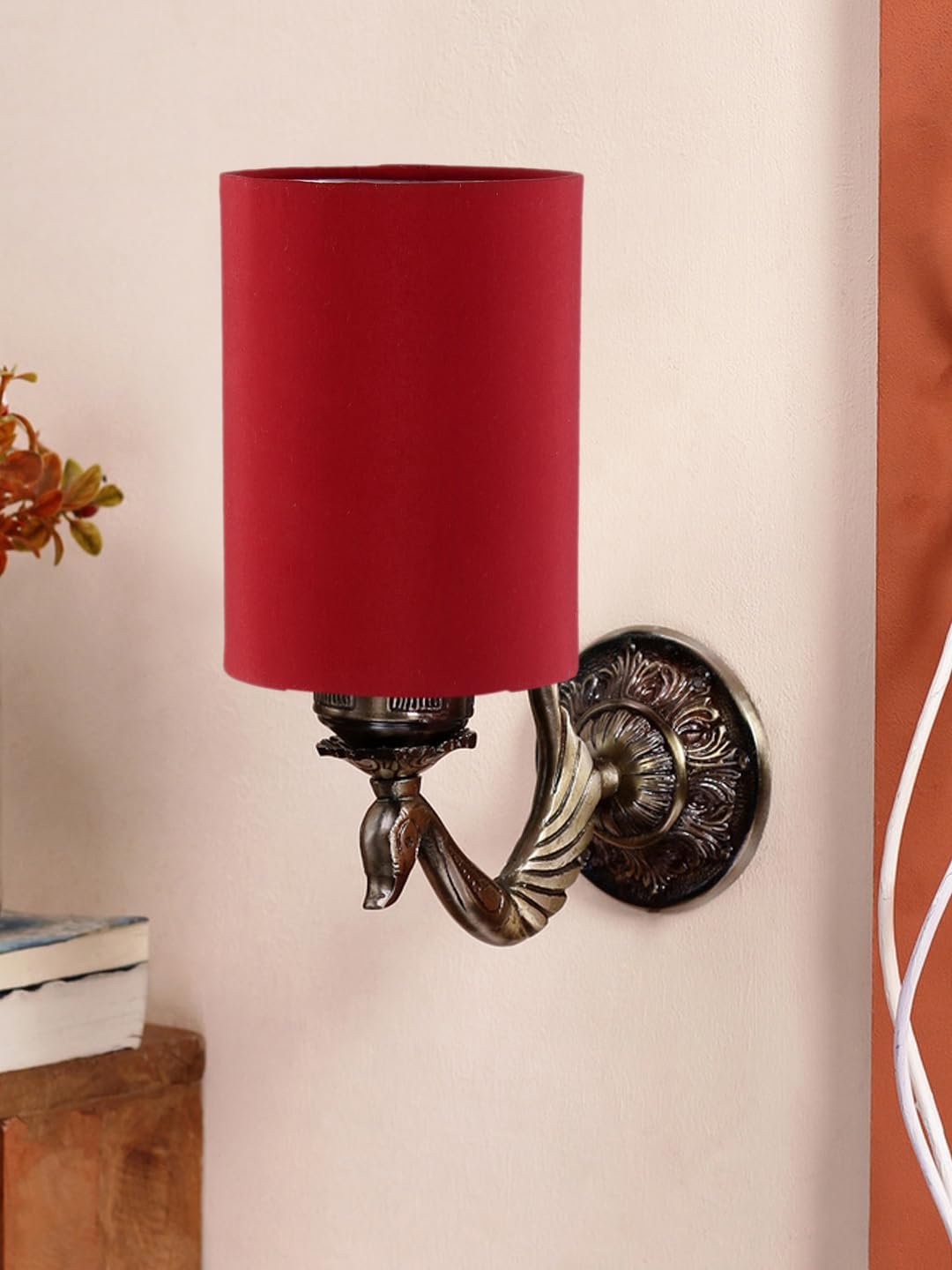 Antique Gold Wall Lamp for Office/Home/Gifting with Cotton Red Shade(8x4.25x11) Inches -138