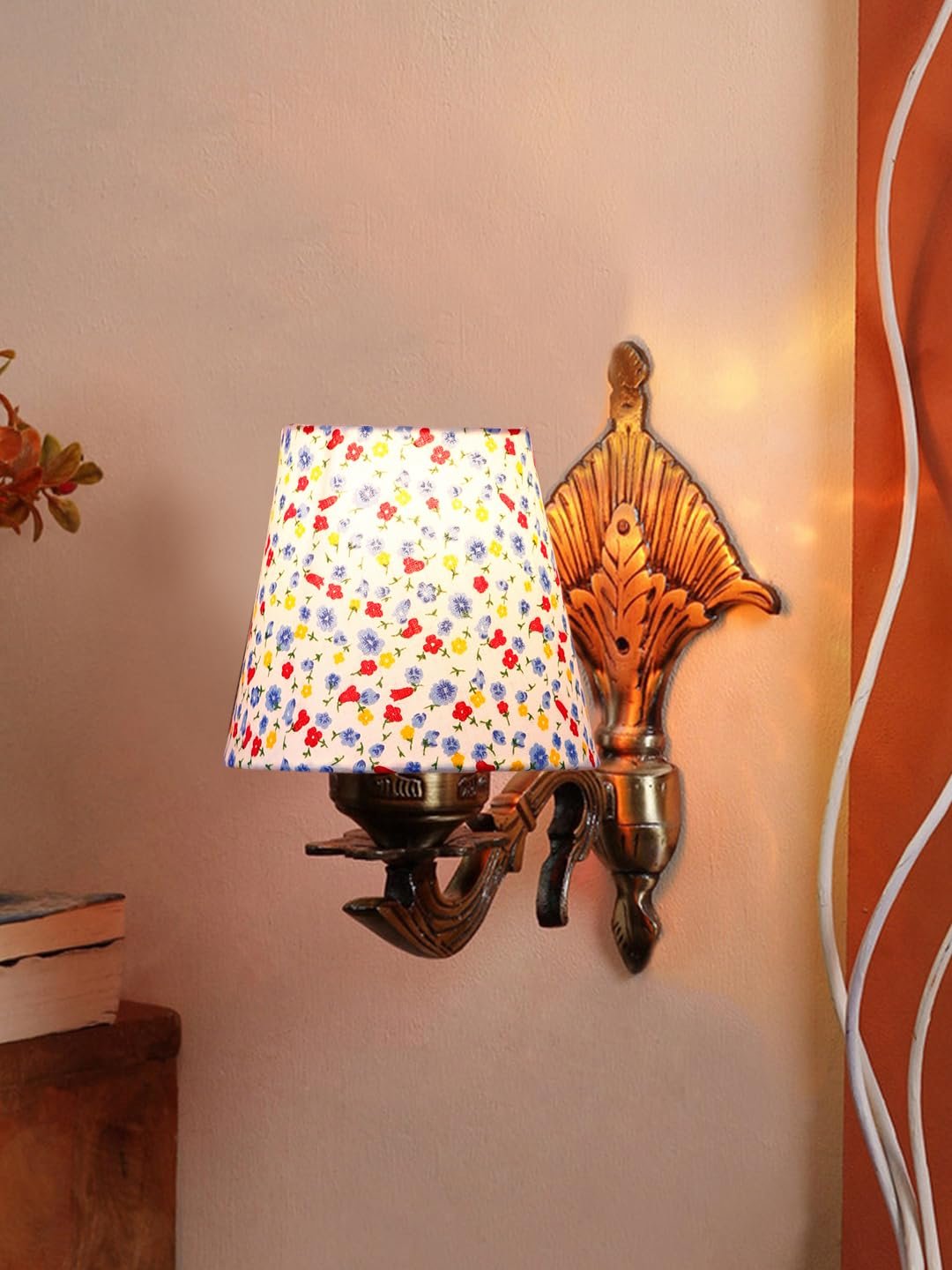 Antique Gold Wall Lamp for Office/Home/Gifting with Cotton conical Printed Shade(7x5.5x9.25) Inches -15