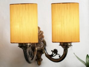 Dual Antique Gold Wall Lamp for Office/Home/Gifting with Cotton Off-White Shade(7x13x11.5) Inches -166