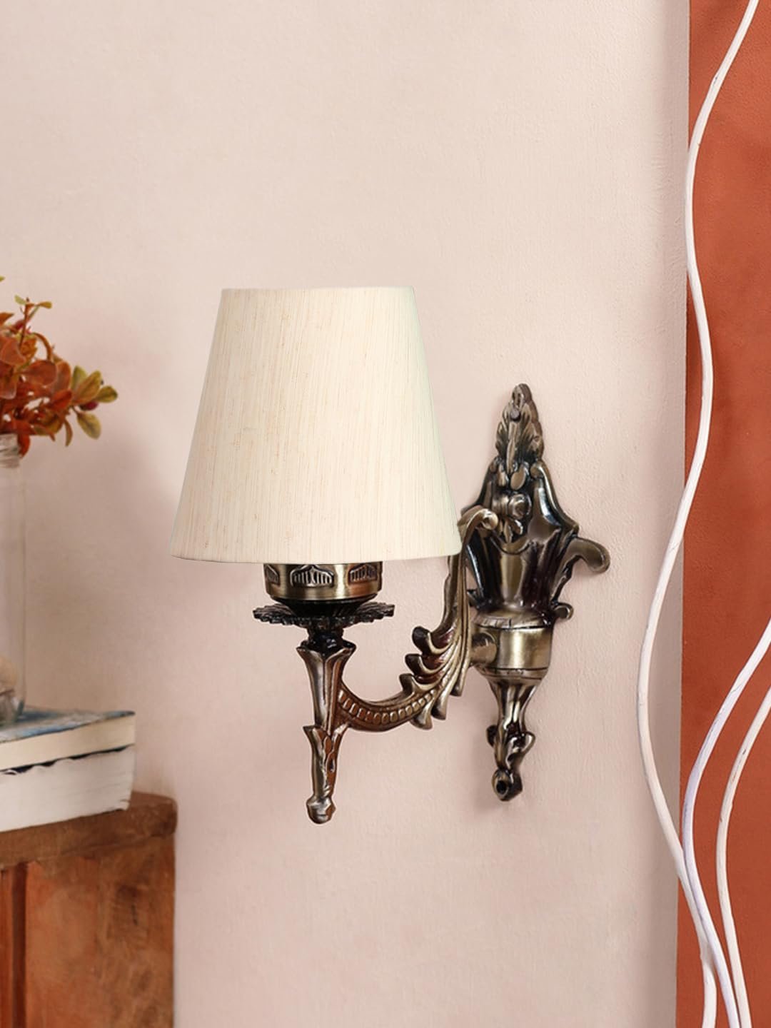 Antique Gold Wall Lamp for Office/Home/Gifting with Cotton conical Off-White Shade(7x5.5x9.25) Inches -16