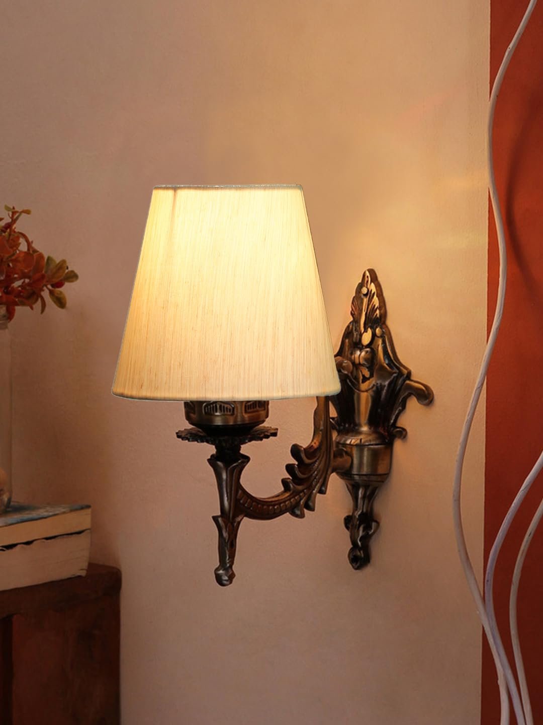 Antique Gold Wall Lamp for Office/Home/Gifting with Cotton conical Off-White Shade(7x5.5x9.25) Inches -16