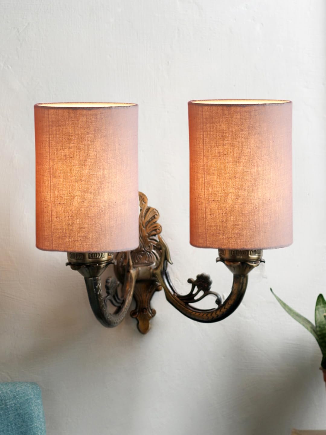 Dual Antique Gold Wall Lamp for Office/Home/Gifting with Cotton Grey Shade(7x13x11.5) Inches -171