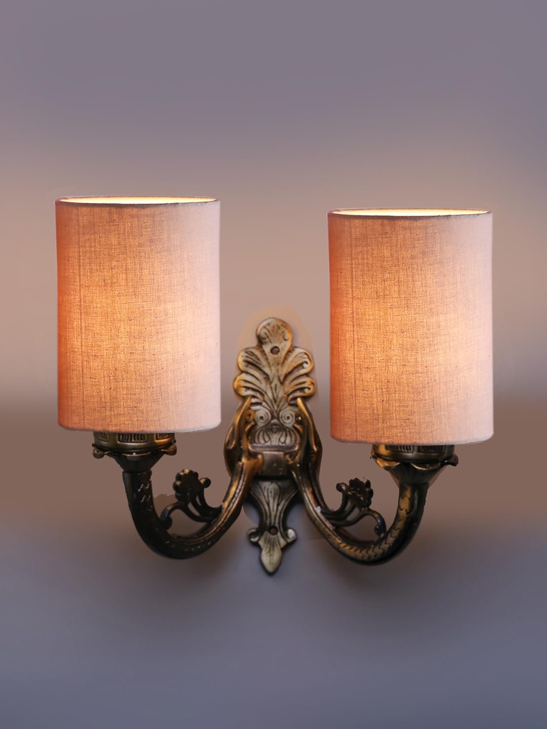 Dual Antique Gold Wall Lamp for Office/Home/Gifting with Cotton Grey Shade(7x13x11.5) Inches -171