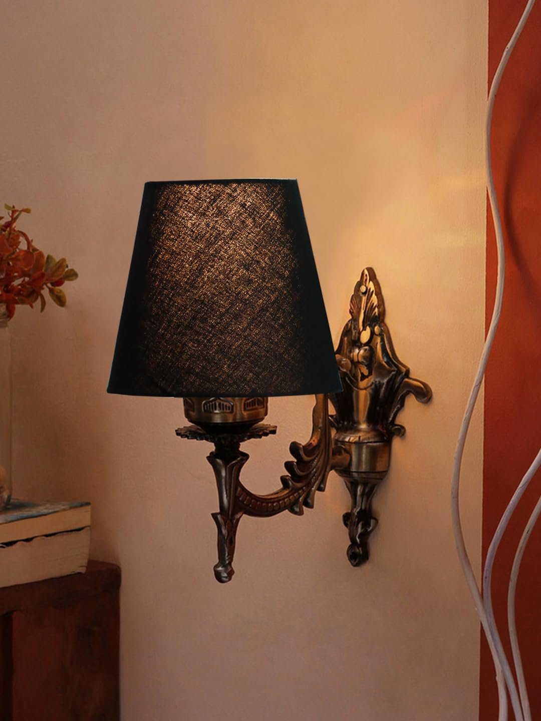 Antique Gold Wall Lamp for Office/Home/Gifting with Cotton conical Black Shade(7x5.5x9.25) Inches -17
