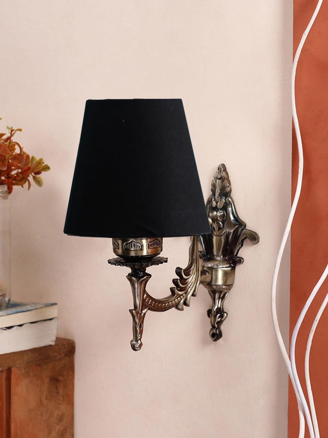 Antique Gold Wall Lamp for Office/Home/Gifting with Cotton conical Black Shade(7x5.5x9.25) Inches -17