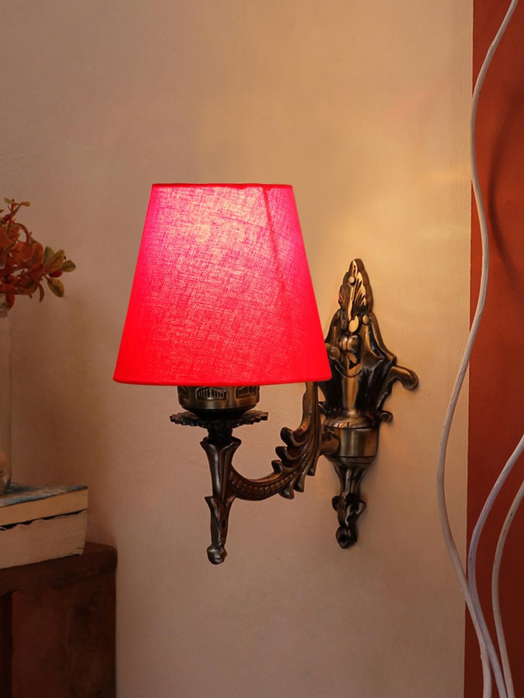 Antique Gold Wall Lamp for Office/Home/Gifting with Cotton conical Red Shade(7x5.5x9.25) Inches -18