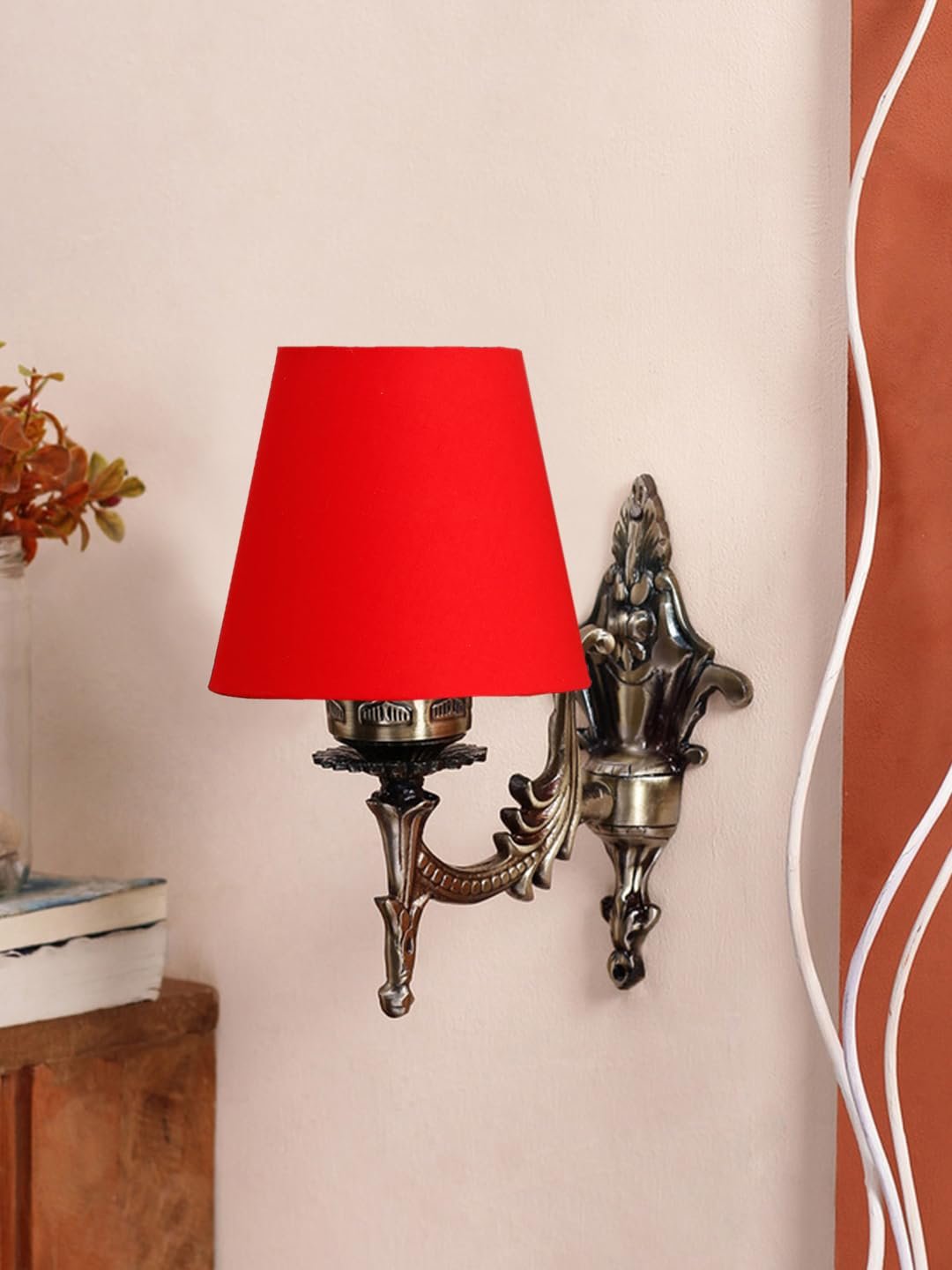 Antique Gold Wall Lamp for Office/Home/Gifting with Cotton conical Red Shade(7x5.5x9.25) Inches -18