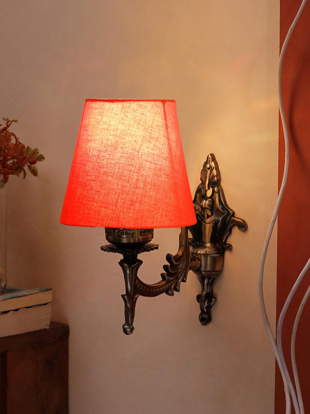 Antique Gold Wall Lamp for Office/Home/Gifting with Cotton conical Orange Shade(7x5.5x9.25) Inches -19