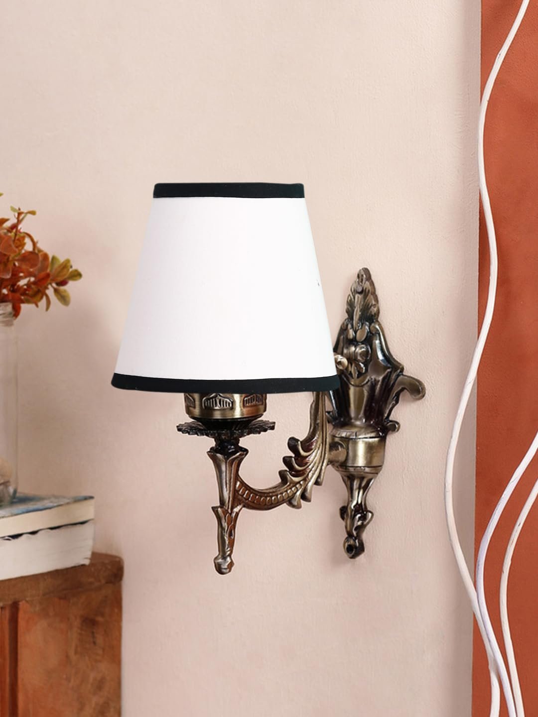 Antique Gold Wall Lamp for Office/Home/Gifting with Cotton conical White & Black Shade(7x5.5x9.25) Inches -22