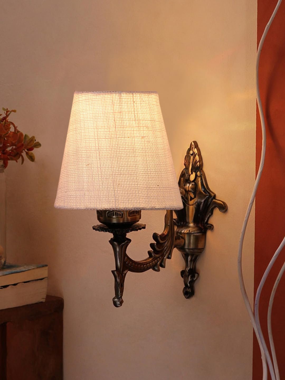 Antique Gold Wall Lamp for Office/Home/Gifting with Jute conical White Shade(7x5.5x9.25) Inches -24