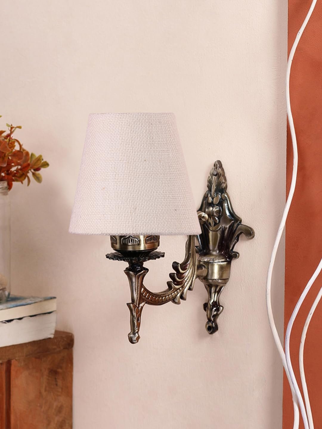 Antique Gold Wall Lamp for Office/Home/Gifting with Jute conical White Shade(7x5.5x9.25) Inches -24